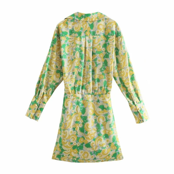 Dress Woman Vintage Print Mini Shirt Dress Long Sleeve Wrap Tied Casual Short Dresses