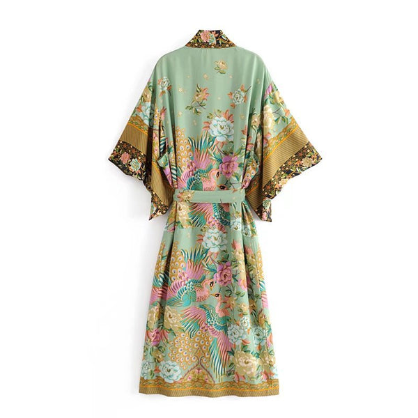 Boho Peacock floral print bat sleeve Kimono robe V neck