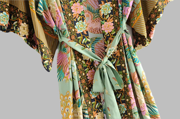 Boho Peacock floral print bat sleeve Kimono robe V neck