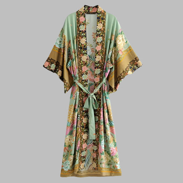 Boho Peacock floral print bat sleeve Kimono robe V neck