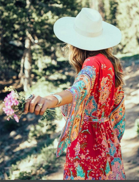 Red floral print bat sleeve Bohemian Kimono dresses V neck Button Vintage