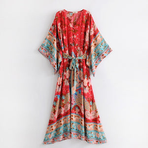 Red floral print bat sleeve Bohemian Kimono dresses V neck Button Vintage