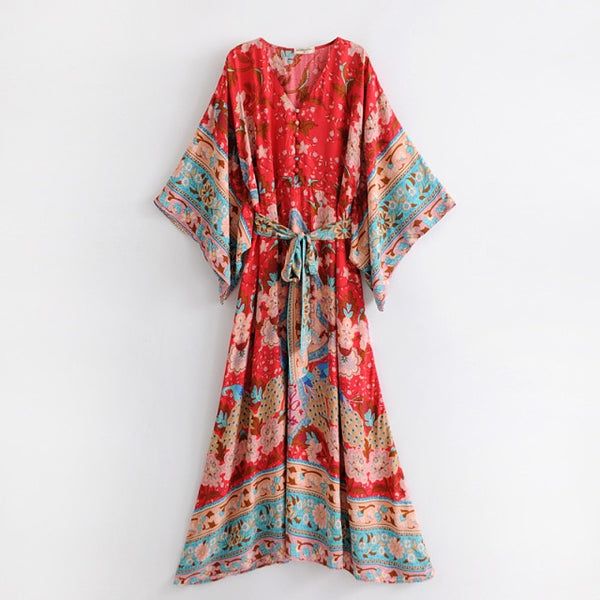 Red floral print bat sleeve Bohemian Kimono dresses V neck Button Vintage