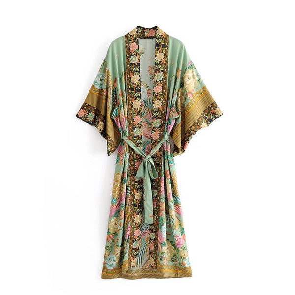 Boho Peacock floral print bat sleeve Kimono robe V neck