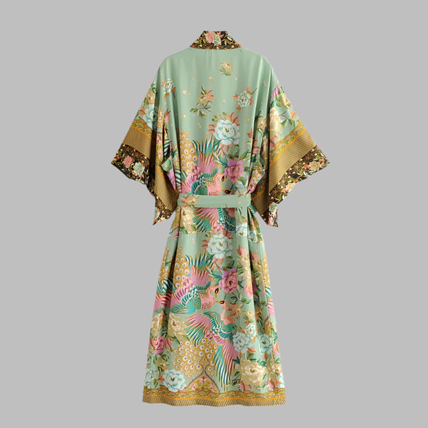 Boho Peacock floral print bat sleeve Kimono robe V neck