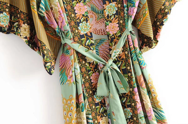 Boho Peacock floral print bat sleeve Kimono robe V neck