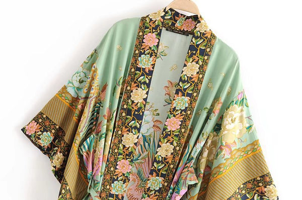 Boho Peacock floral print bat sleeve Kimono robe V neck