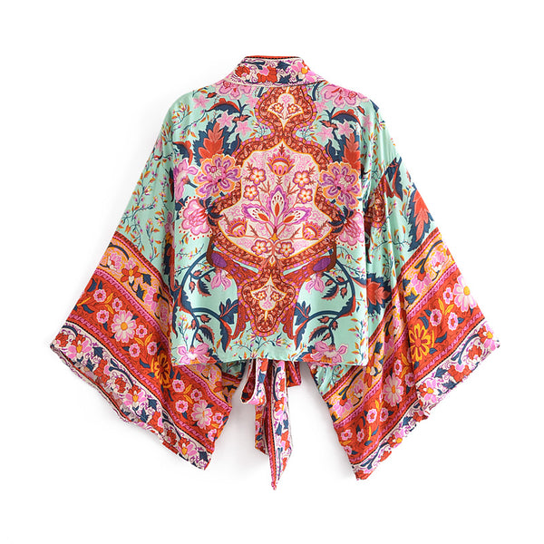 Boho Vintage Floral Print Sashes short  Kimono Women 2018 New Fashion V Neck batwing Sleeves Ladies Blouses Casual Blusas