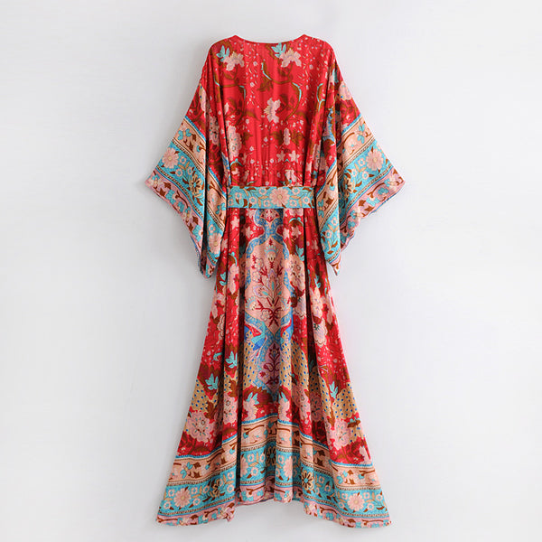 Red floral print bat sleeve Bohemian Kimono dresses V neck Button Vintage