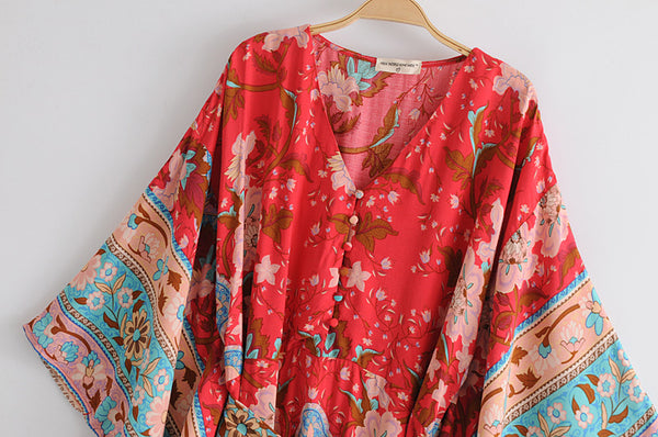 Red floral print bat sleeve Bohemian Kimono dresses V neck Button Vintage