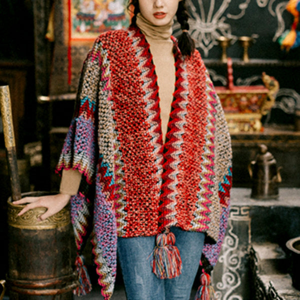 GypsyLady Vintage Boho Cloaks Capes Top Red Women Geometric Design Knitted Poncho Tassels Poncho Outwear